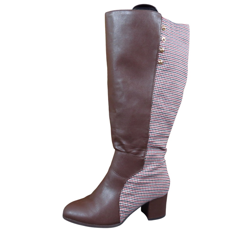 Comfortview Shay Women Knee High Boots 7.5WW Wide Calf Brown Houndstooth Plaid